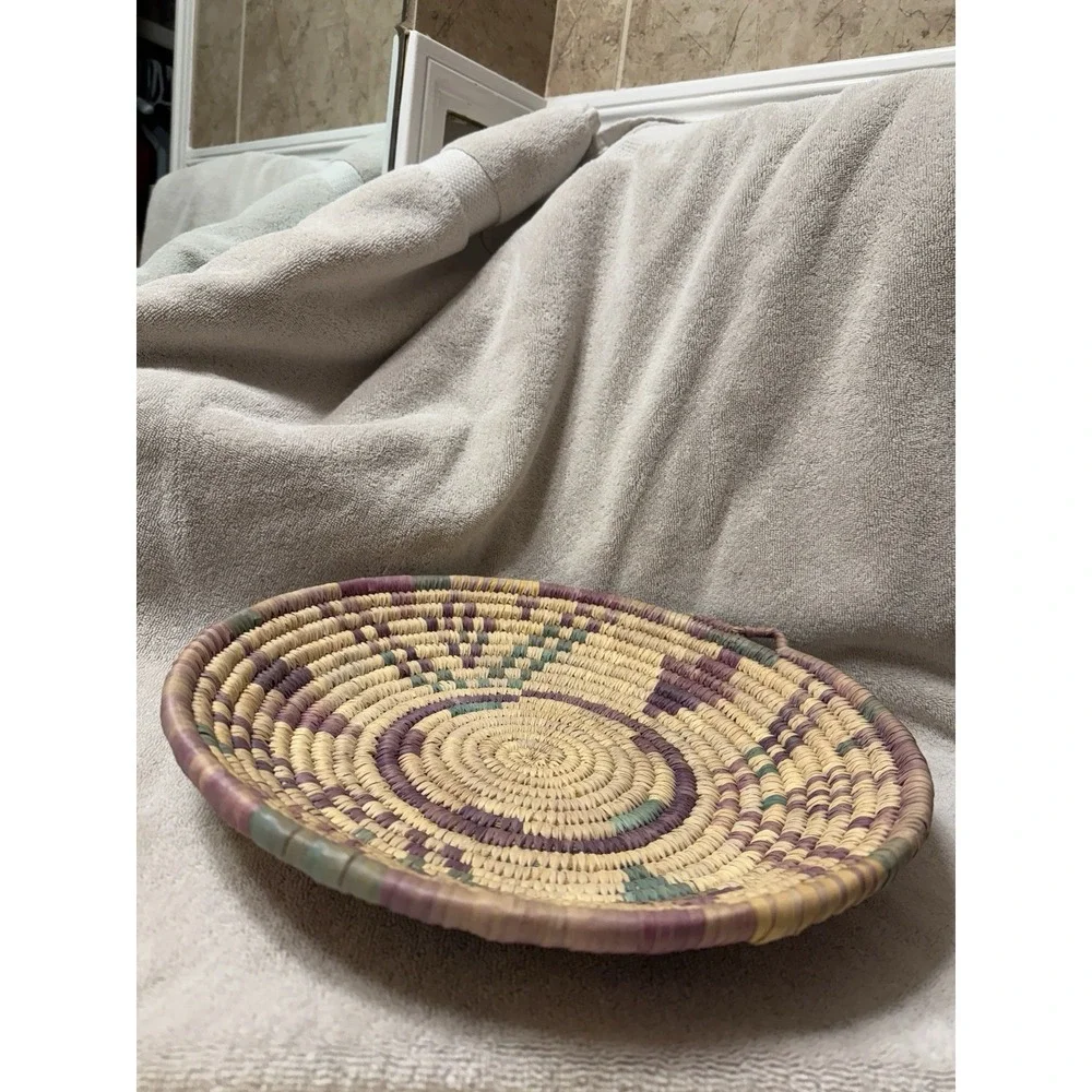 Handmade Grass Woven Platter Natural‎ Purple Green 12.5